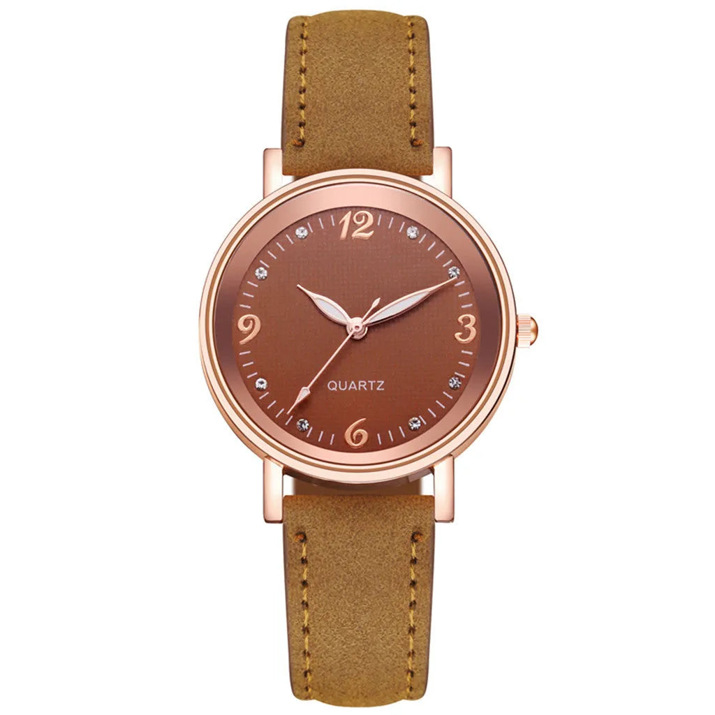 Luminous women's quartz watch with 36mm alloy case, glass dial, and brown leather strap