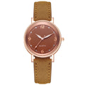 Luminous women's quartz watch with 36mm alloy case, glass dial, and brown leather strap
