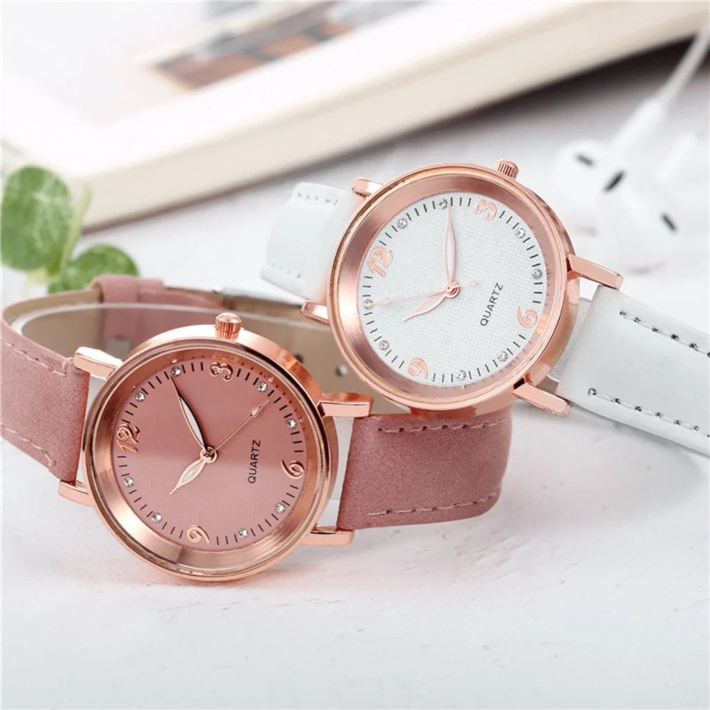 Luminous women's quartz watch with 36mm alloy case, glass dial, and brown leather strap