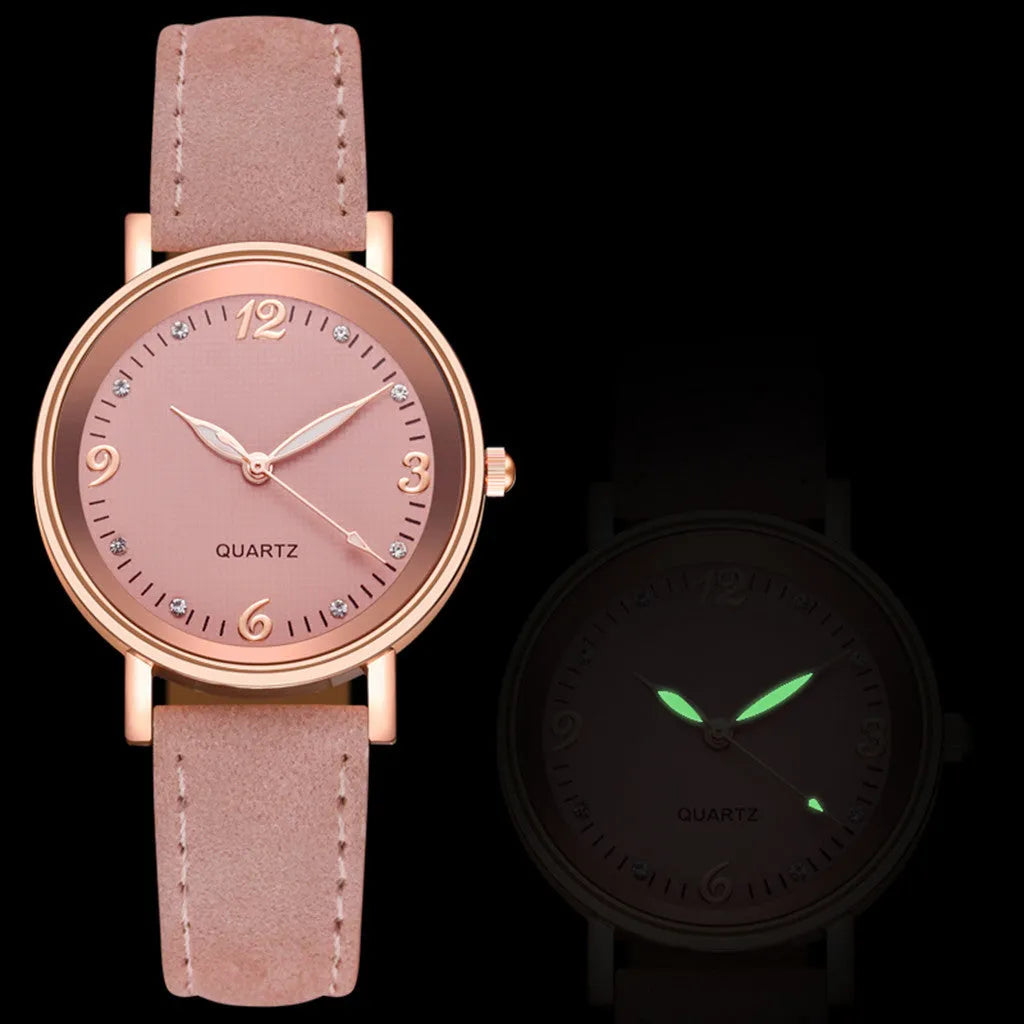 Luminous women's quartz watch with 36mm alloy case, glass dial, and brown leather strap