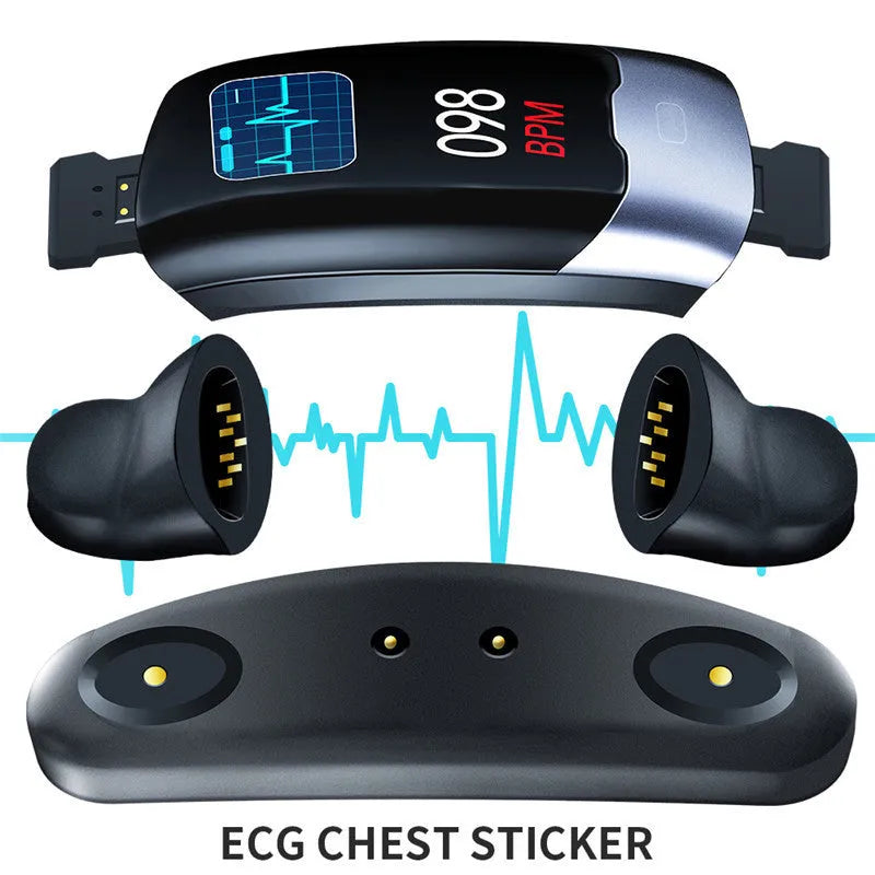 Smart wristband with digital display showing heart rate monitoring and blood pressure tracking functions
