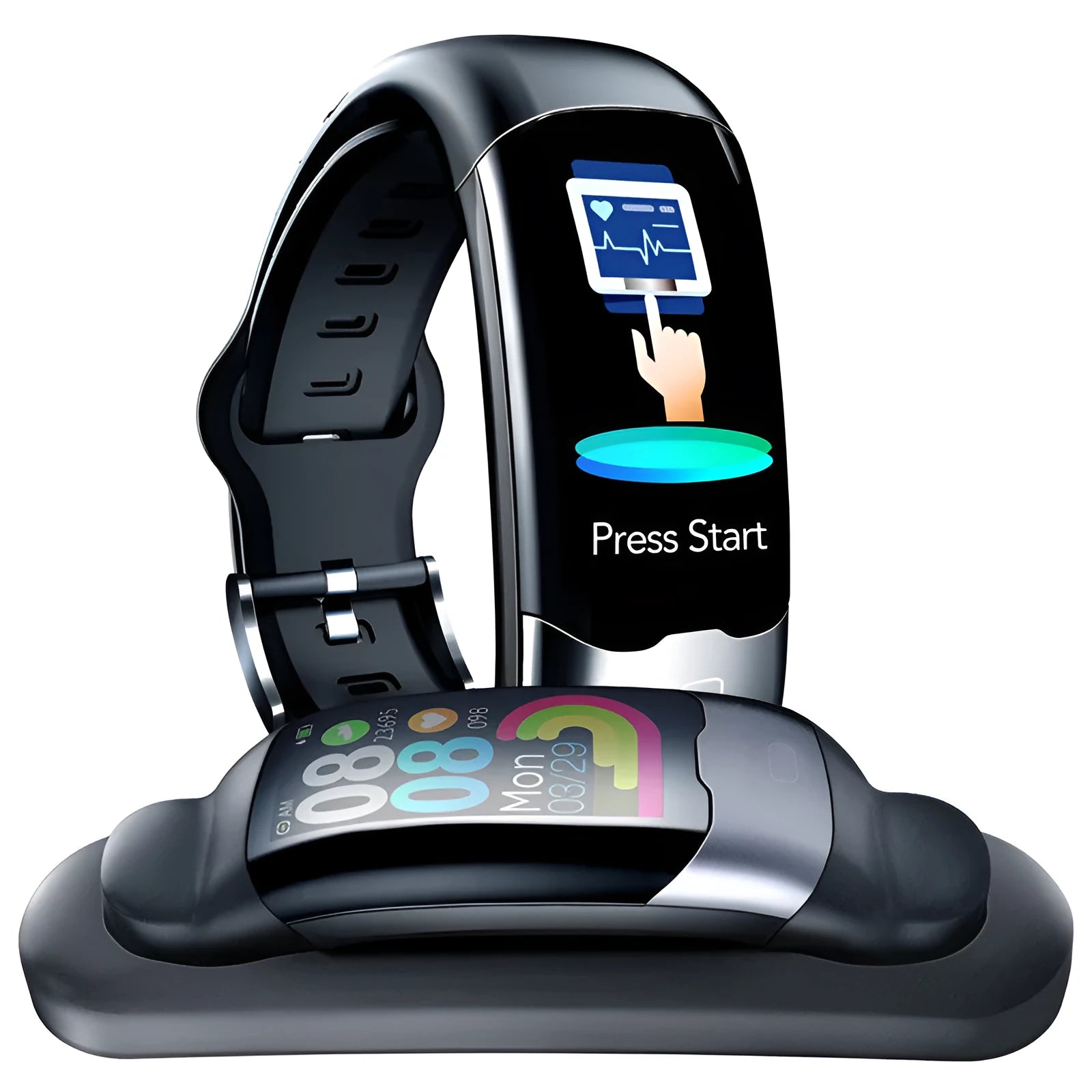 Smart wristband with digital display showing heart rate monitoring and blood pressure tracking functions
