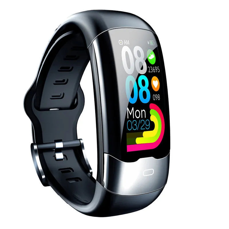 Smart wristband with digital display showing heart rate monitoring and blood pressure tracking functions