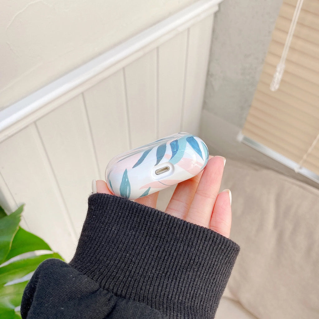 Banana leaves design AirPods protective case in blue or green colour, soft TPU material