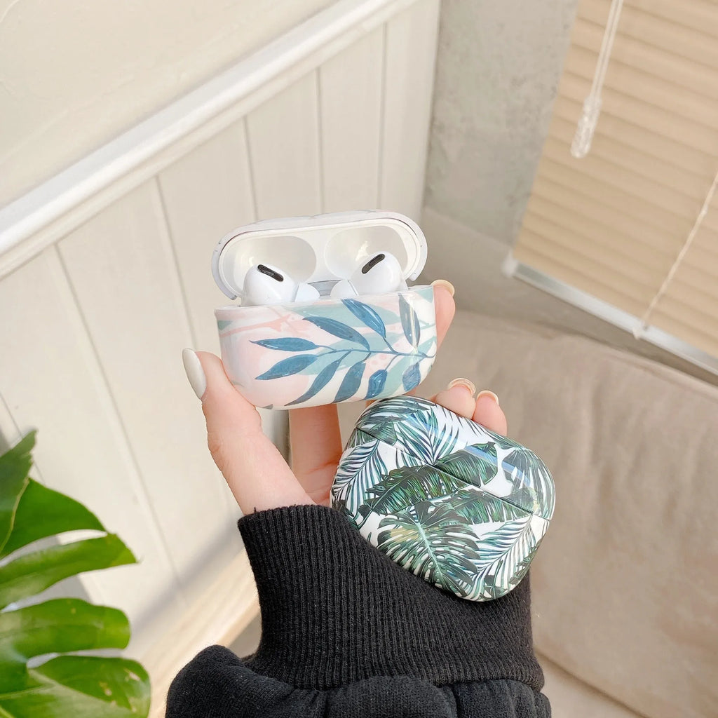 Banana leaves design AirPods protective case in blue or green colour, soft TPU material