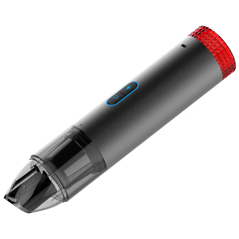 Black portable V6 wireless handheld car vacuum cleaner with an integrated LED work lamp.