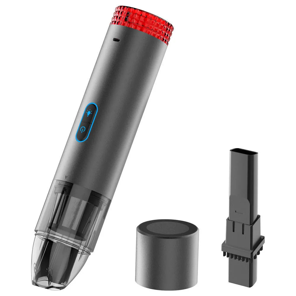 Black portable V6 wireless handheld car vacuum cleaner with an integrated LED work lamp.