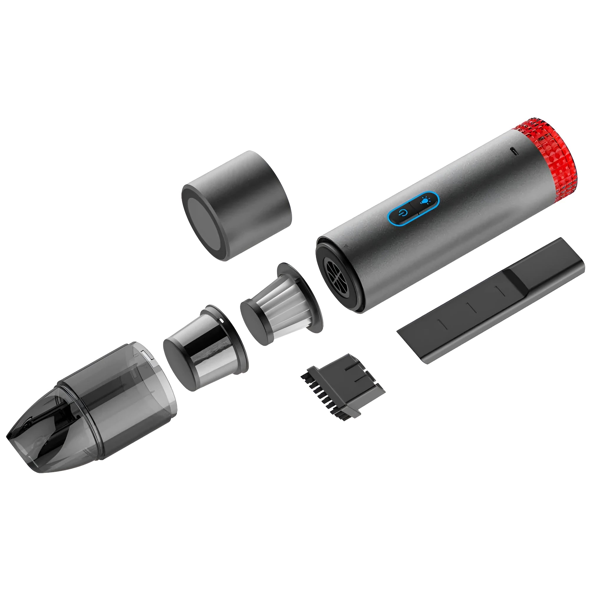 Black portable V6 wireless handheld car vacuum cleaner with an integrated LED work lamp.