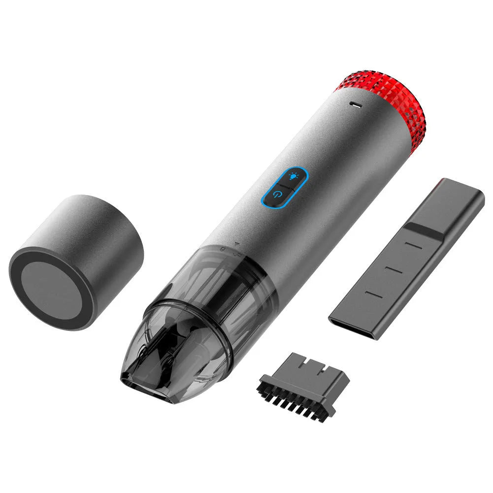 Black portable V6 wireless handheld car vacuum cleaner with an integrated LED work lamp.