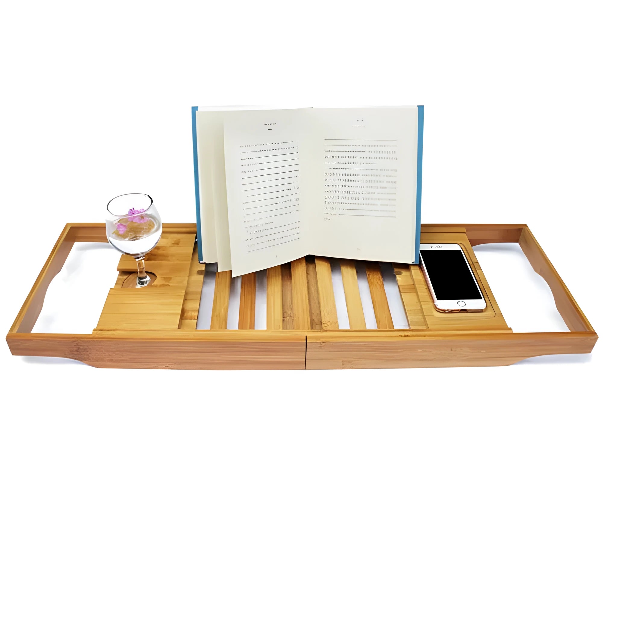 A freestanding bamboo bathtub frame with a single-level platform for bathroom storage.