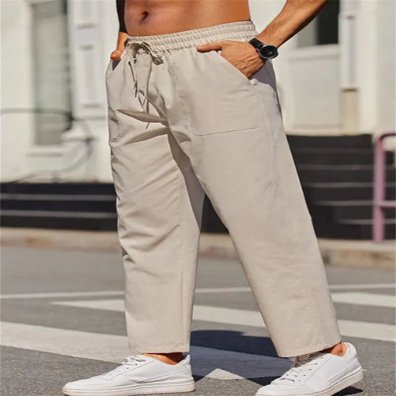 Men's straight-leg linen trousers with elastic waistband in seven colour options