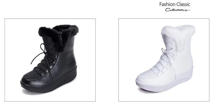 Black women's winter boots with lace-up front, platform sole, and plush lining.