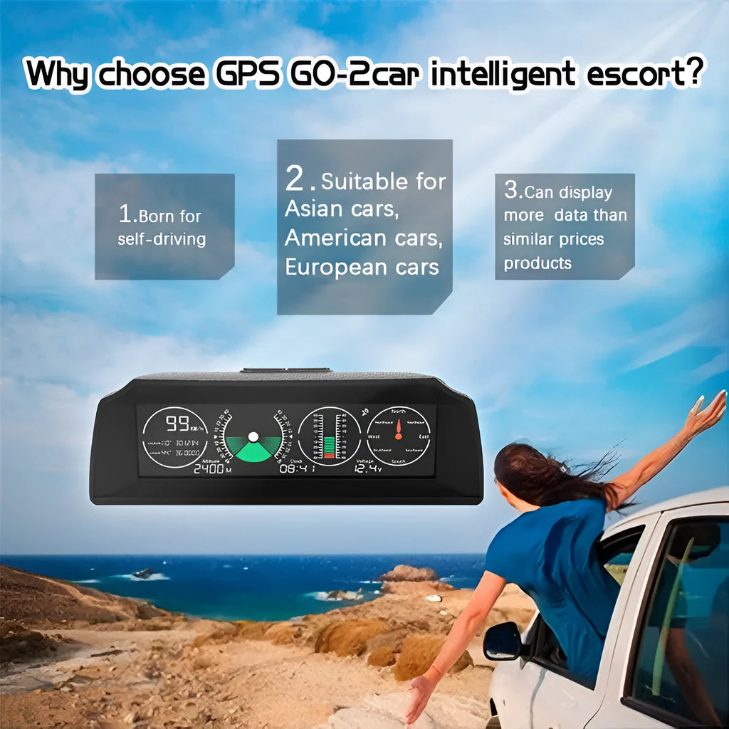 GPS GO 2 universal car head-up display with carbon fibre body on a dashboard showing speed and gradient data.