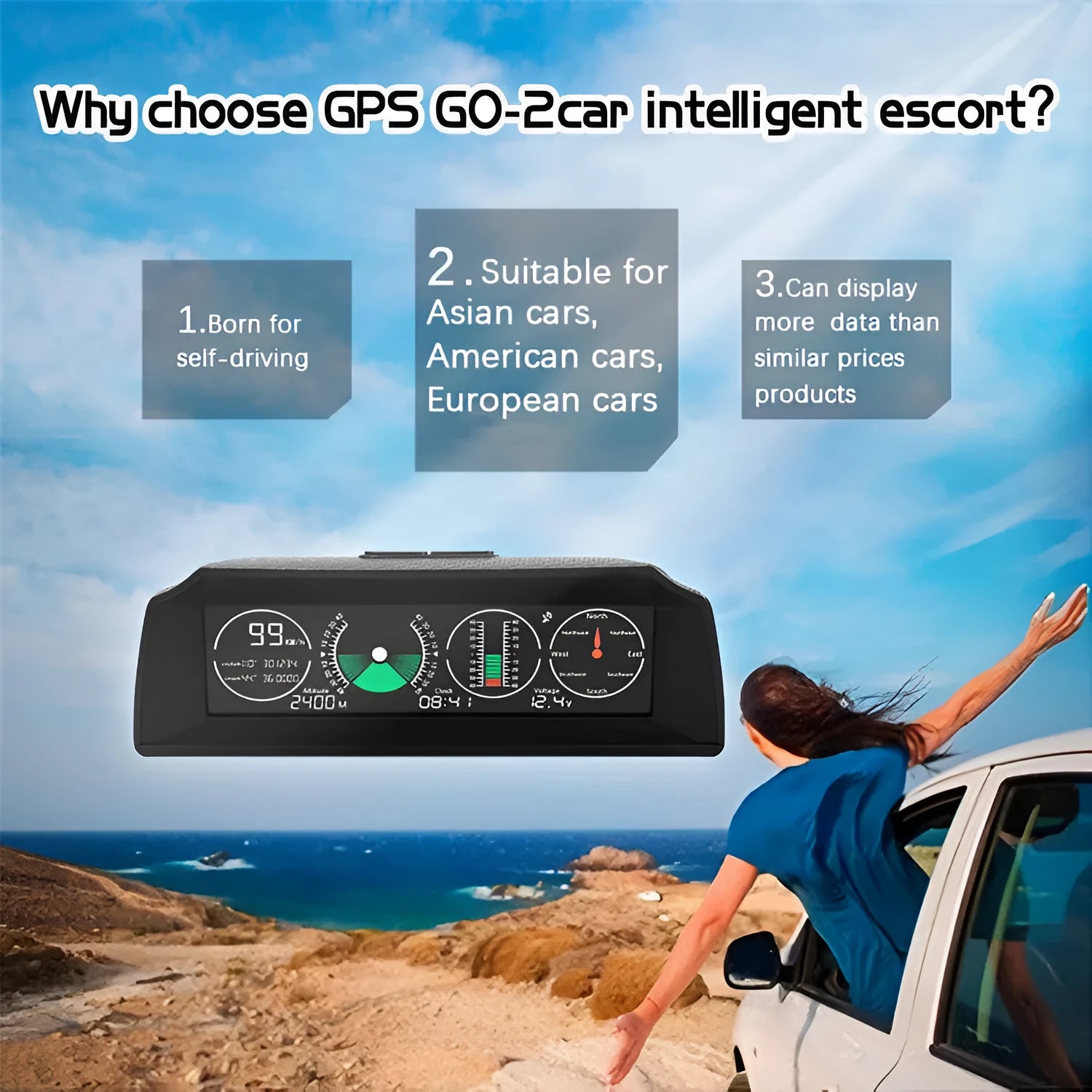 GPS GO 2 universal car head-up display with carbon fibre body on a dashboard showing speed and gradient data.