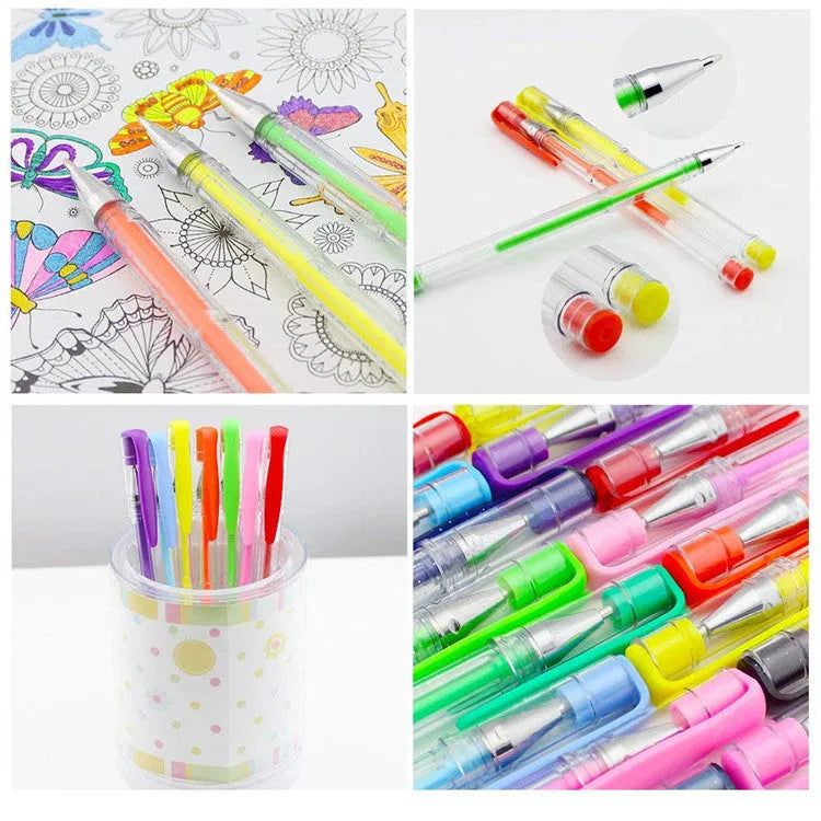 Set of 100 multicolour gel pens and highlighters with 0.5mm and 1mm tips on a white background.
