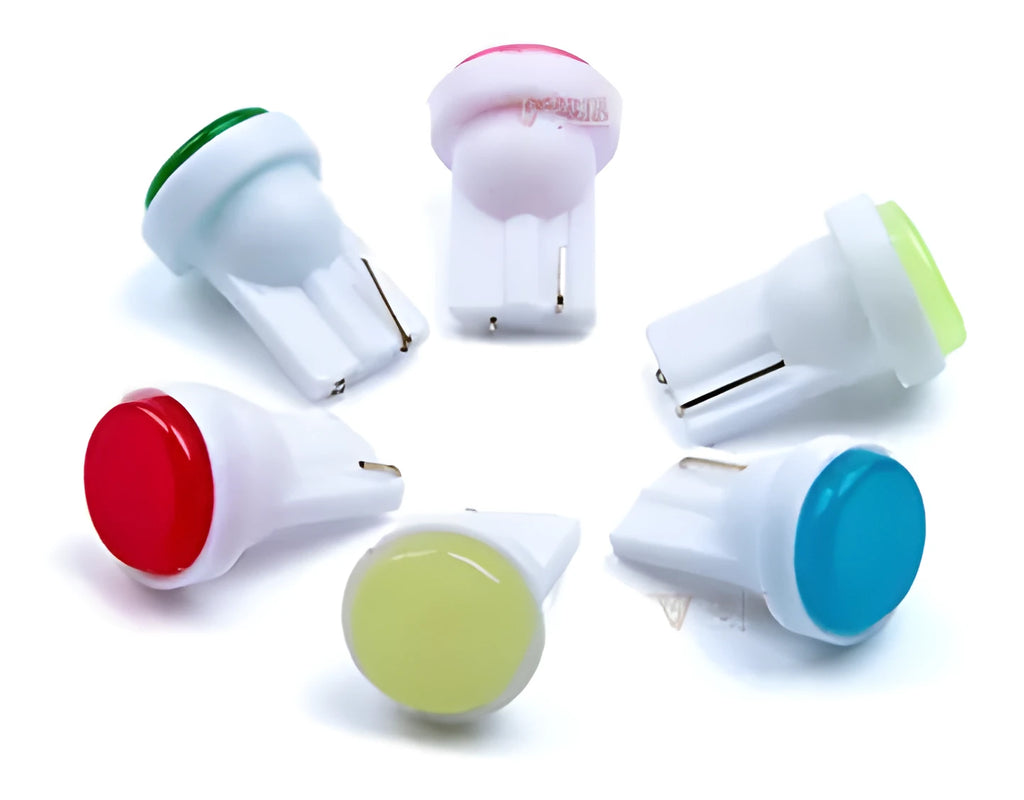 T10 wedge base LED automotive bulb in six colour options shown next to a scale showing its 2cm length.
