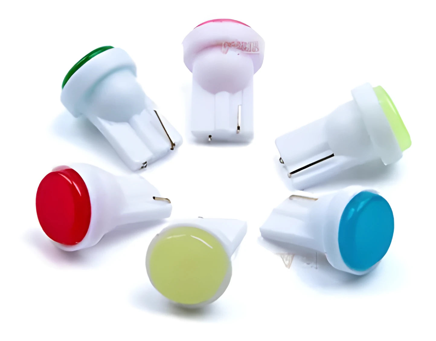 T10 wedge base LED automotive bulb in six colour options shown next to a scale showing its 2cm length.