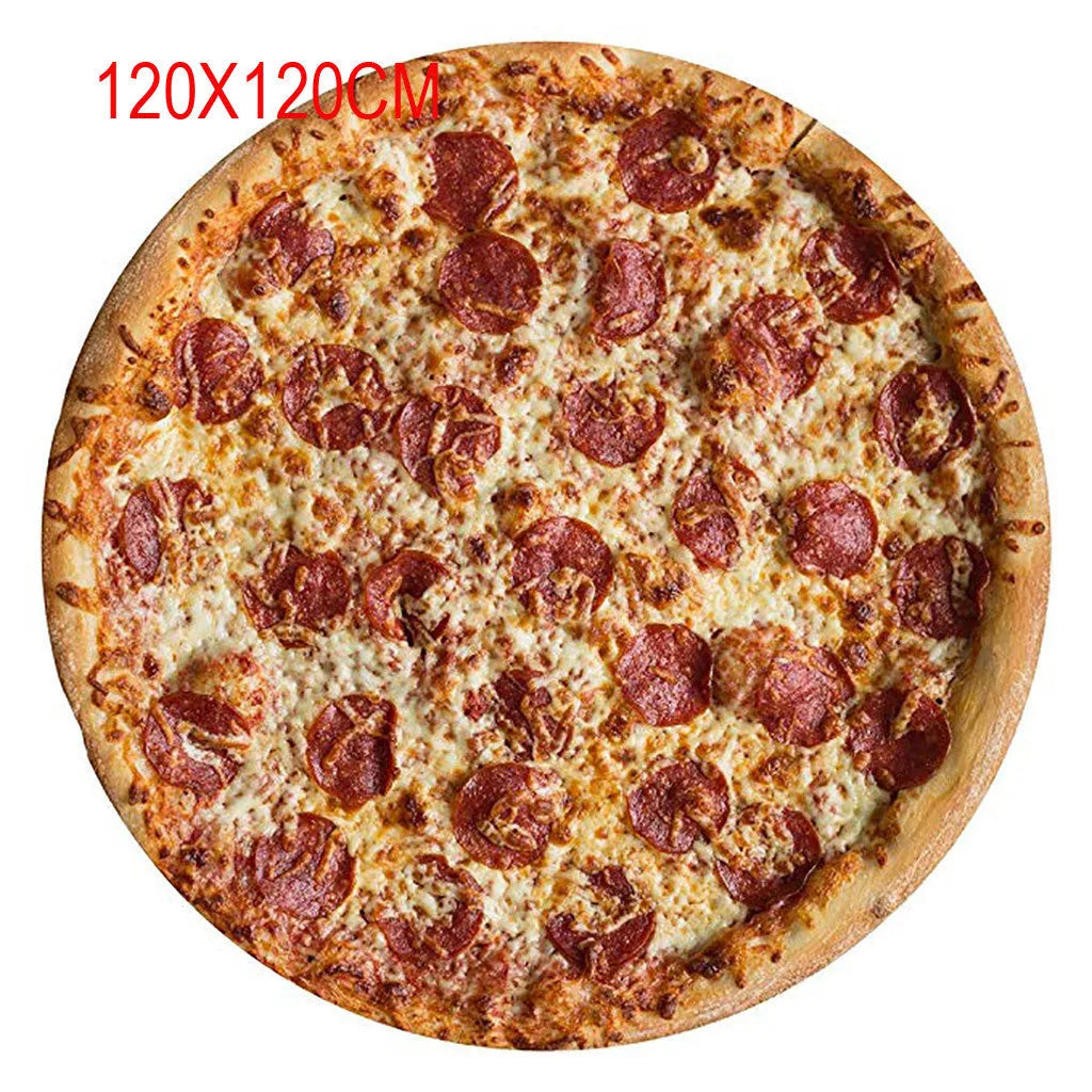 Novelty pizza blanket hooded cloak in warp-knitted polyester with vibrant food print