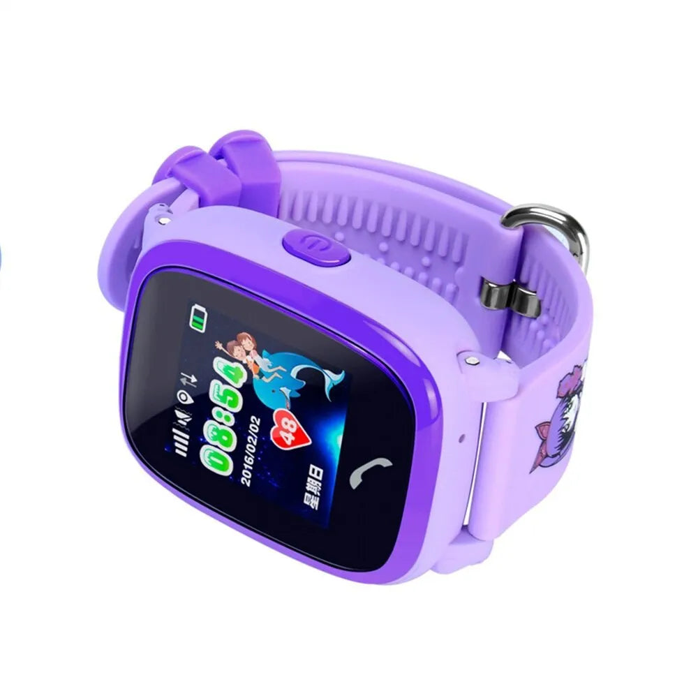 Blue children's waterproof smartwatch with touch screen and silicone wristband showing GPS tracking display