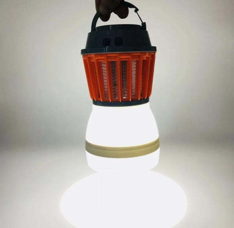 Solar mosquito lamp IPX6 waterproof with ABS housing, 16.5cm height, and 2200MAH battery on a camping table