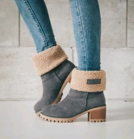 Women's suede mid-tube snow boots with a thick heel and round toe in various colours.