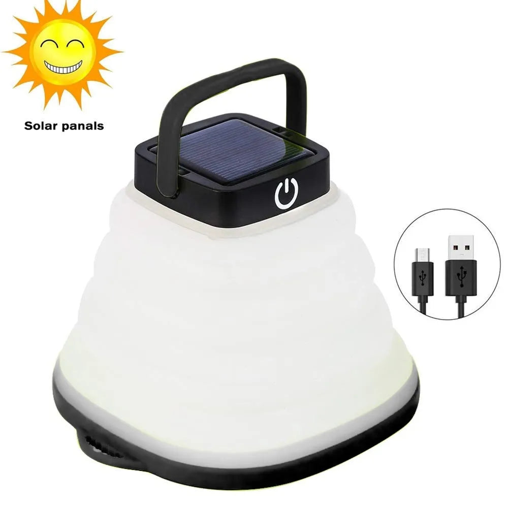 Collapsible IP68 waterproof solar camping light folded to 2.5cm thickness with USB charging port