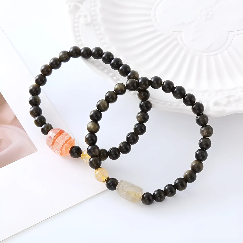 Natural obsidian Pi Xiu bracelet with animal zodiac modelling in retro artistic style.