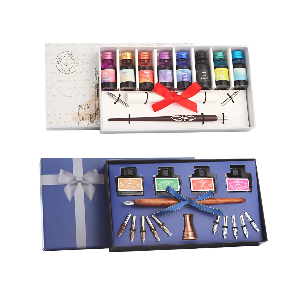 Wooden dip pen, coloured ink bottles, and nibs arranged inside a wooden gift box for calligraphy.