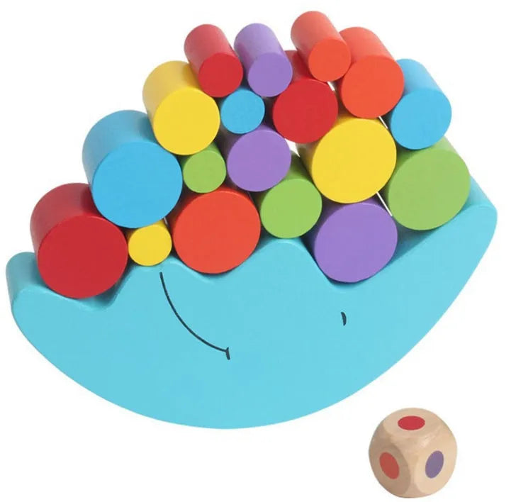 Wooden moon balance game toy in blue and yellow colours for children aged 2-4 years