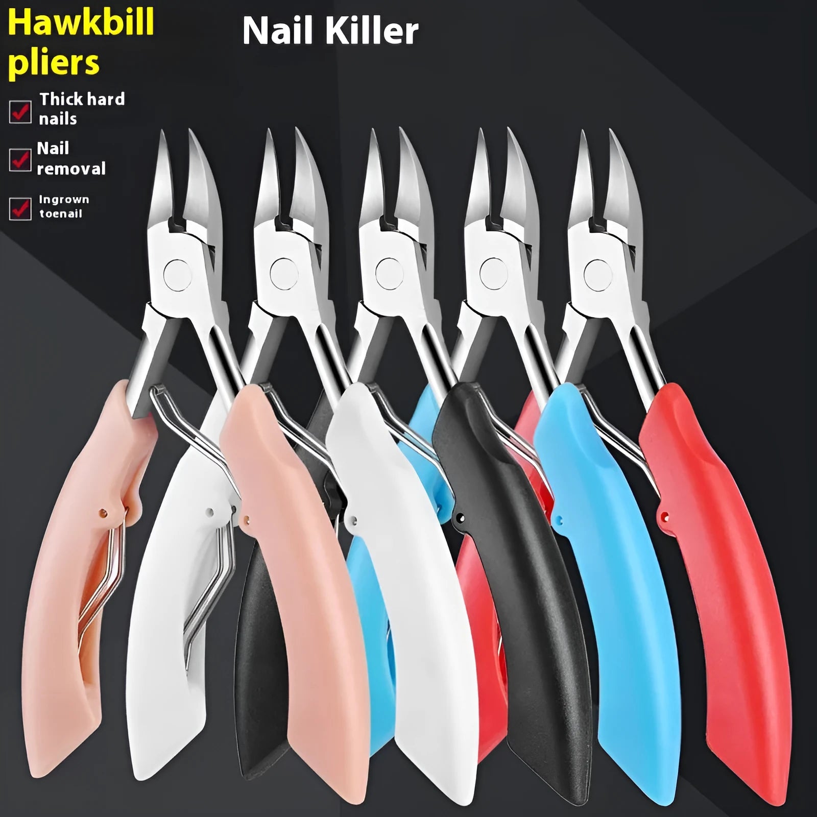 Stainless steel nail clippers with a coloured plastic handle and a dedicated bevel groove for the nail.