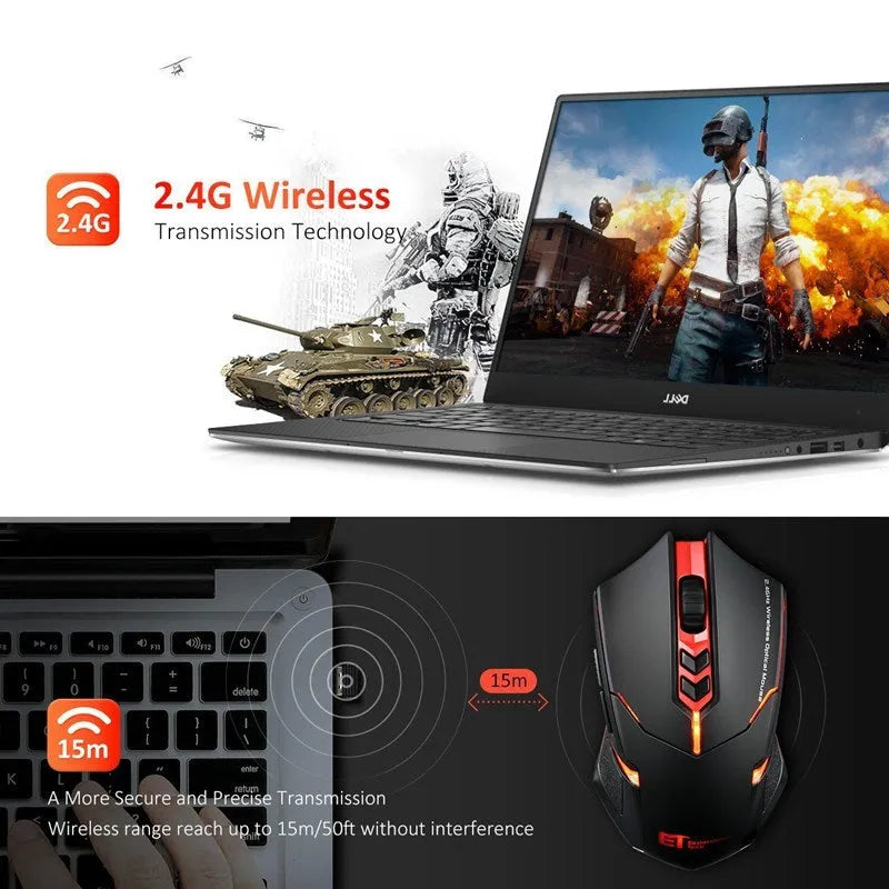 Silent wireless mouse in blue with 7 buttons, adjustable DPI, and power-saving switch