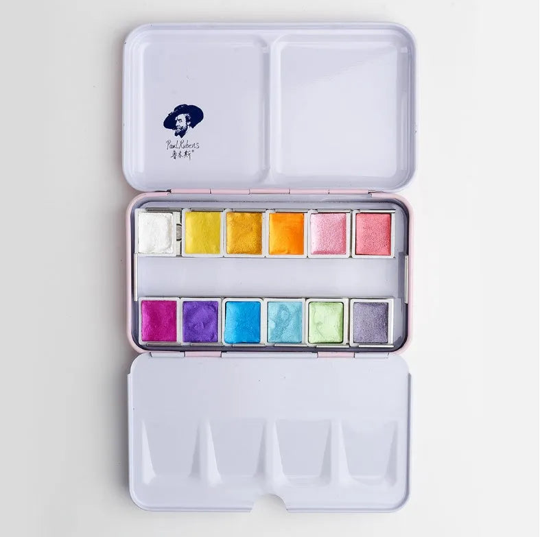 Solid watercolour paint set with pearl finish showing 12 and 24 colour options.