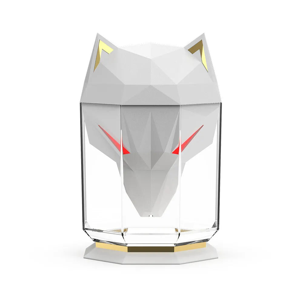 Chrome-plated ultrasonic desktop humidifier with coloured LED lights and USB cable.