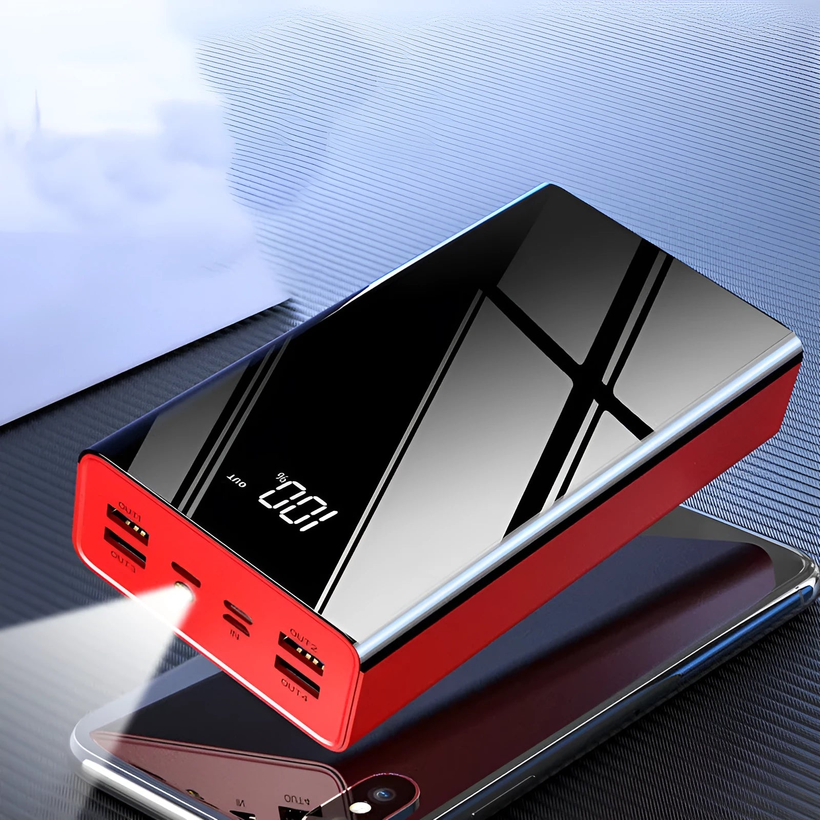 Large black 40000mAh power bank with LCD screen showing battery percentage