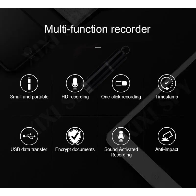 Black Amoi A1 metal voice recorder with display and included headset.