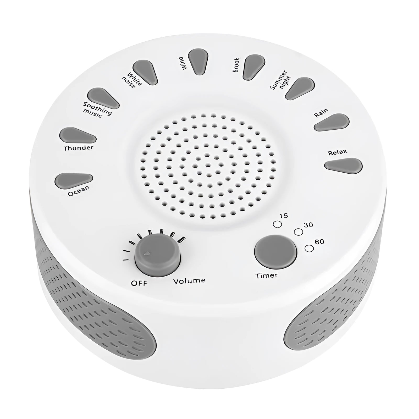 White noise sleep instrument with volume control and headphone jack in compact packaging