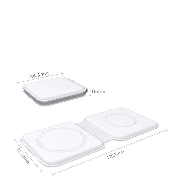 White foldable 2-in-1 magnetic wireless charger for phone and watch, showing 180° hinge.