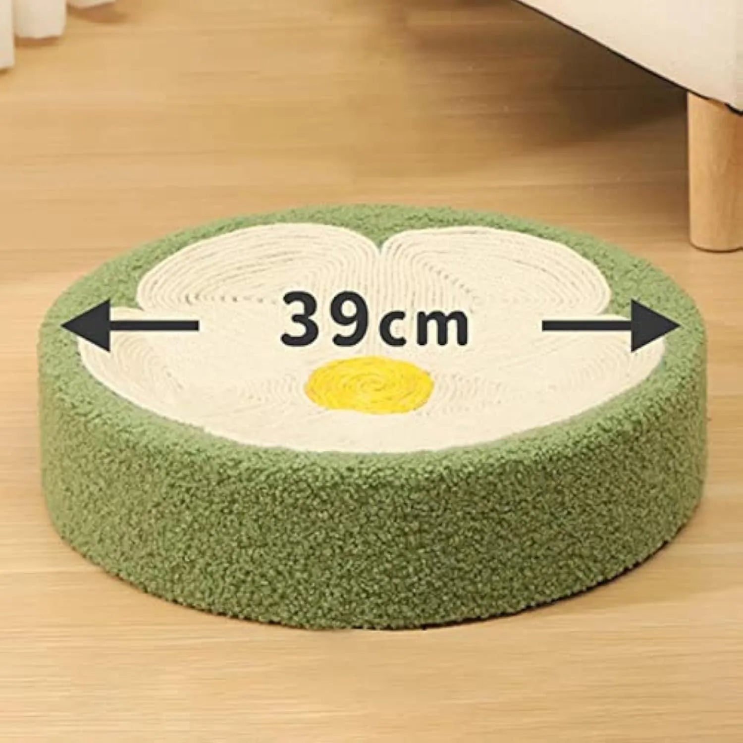 Green round cat scratcher bowl bed made of sisal fabric.