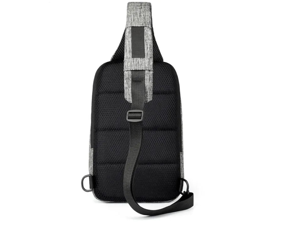 Dark blue waterproof oxford cloth chest bag with a zipper and single strap.
