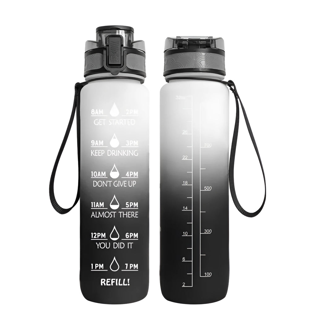 Clear 1000ml Tritan sports water bottle with infuser inside, showing measurement scale.