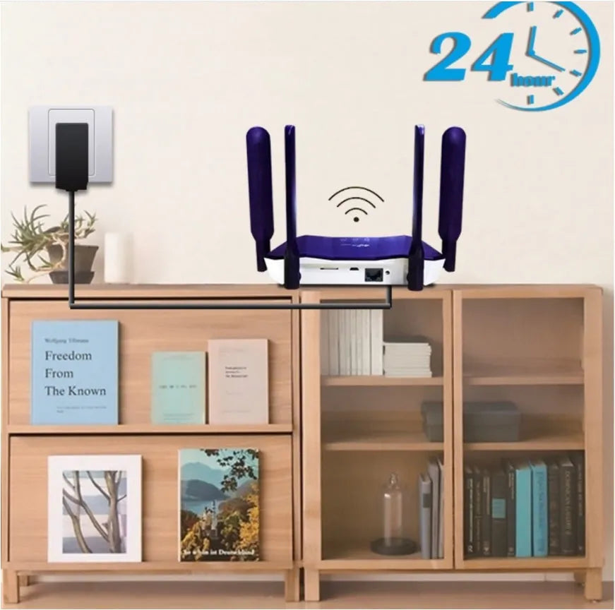 Blue 4G all netcom dual-mode wireless wired router with four external antennas.