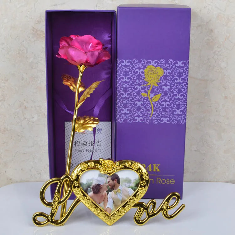 Gold-plated artificial rose with velvet stem on neutral background, available in multiple colours