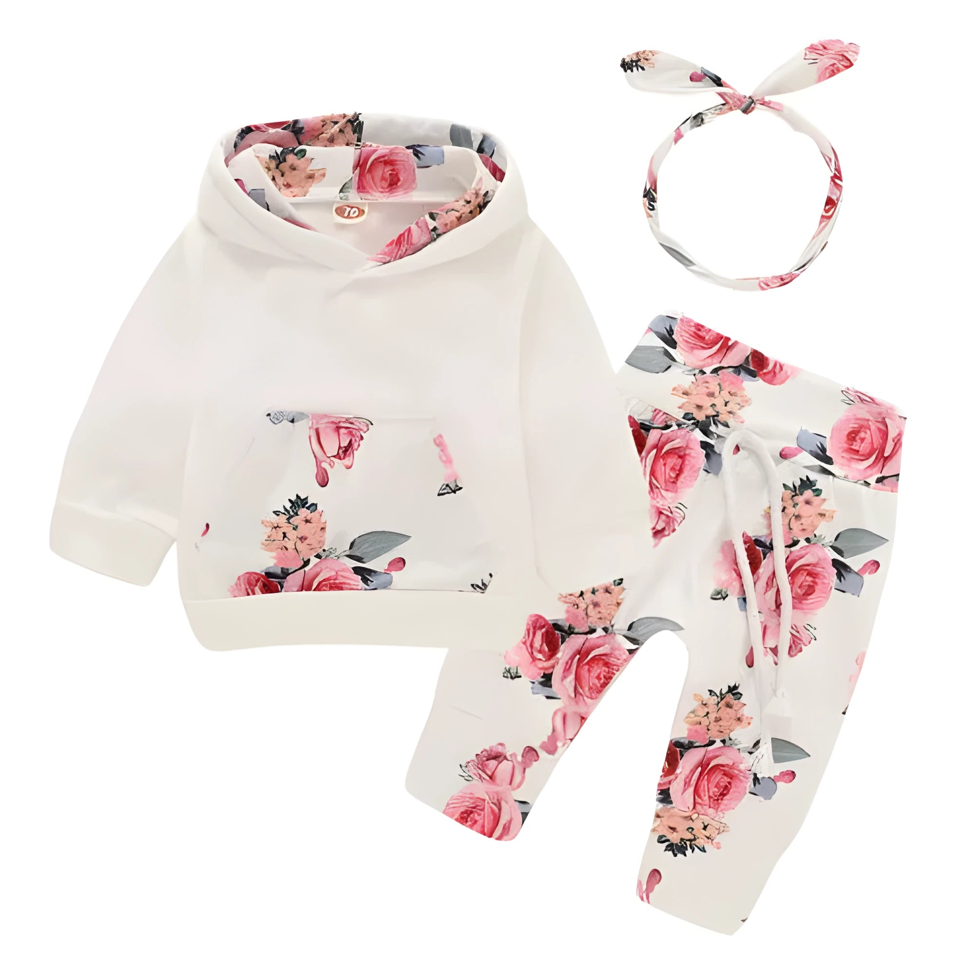 White print hooded romper suit for baby girls made from soft cotton with long sleeves and trousers.