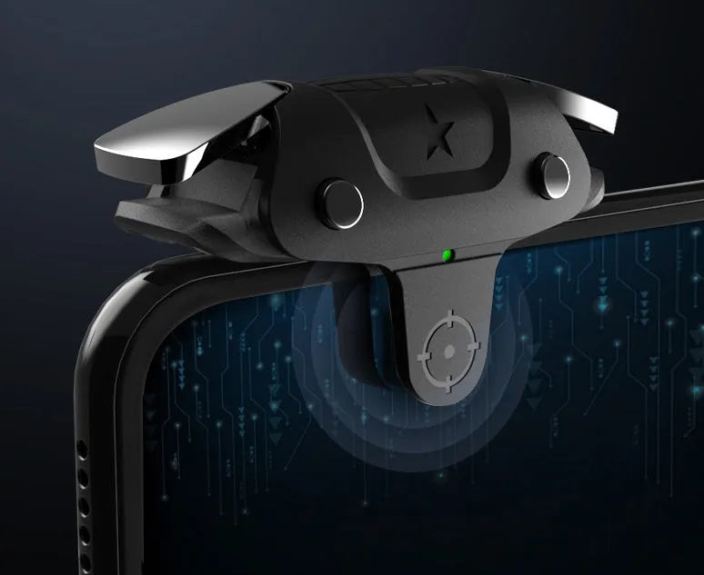 Black F5 telescopic mobile game controller with joysticks holding a smartphone