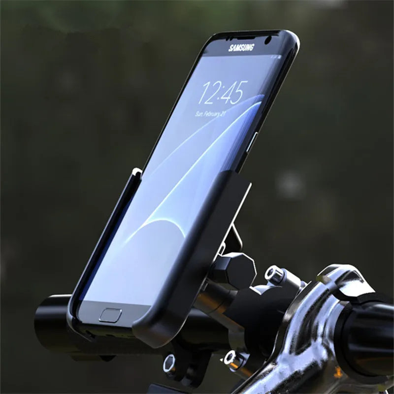 CNC aluminium alloy bicycle mobile phone holder with mechanical lock on mountain bike handlebars, black finish
