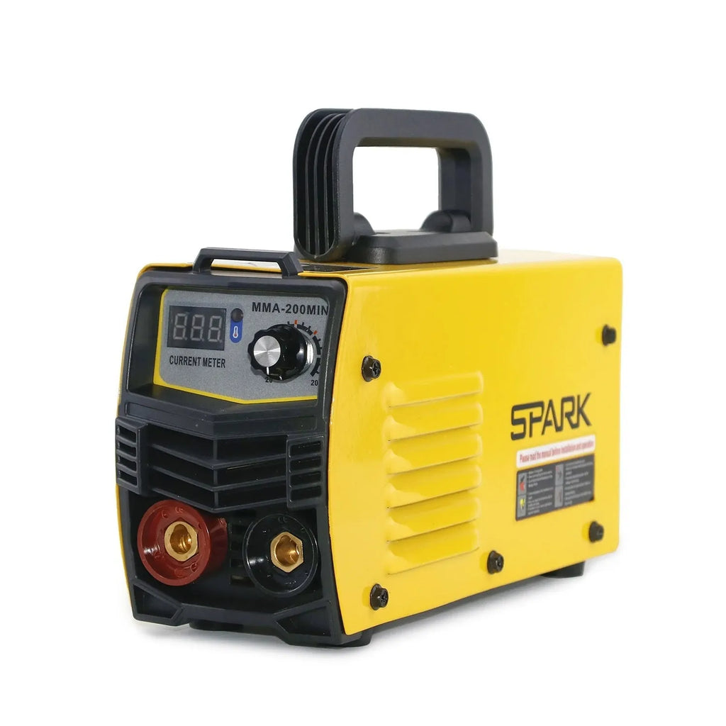 MMA-200MIN 220V portable DC inverter welding machine with welding tongs, clamp, and face shield.