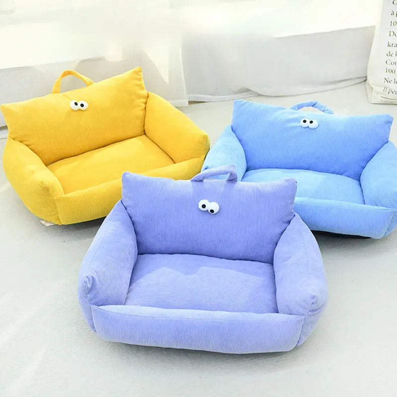 Cartoon big eye puppy winter bed in blue colour with sofa kennel design for small dogs