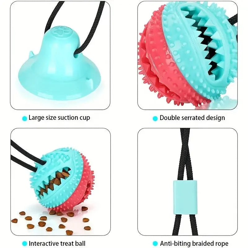 Blue suction cup tug-of-war dog toy with rope and treat-dispensing ball for aggressive chewers