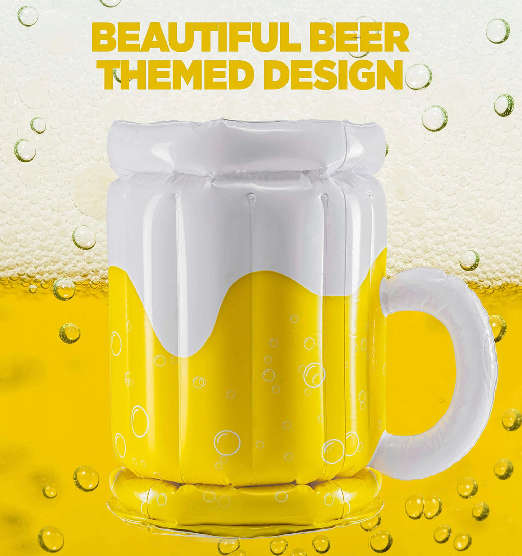 Large yellow inflatable beer mug cooler floating in a pool, showing its 44cm height and drink holders.
