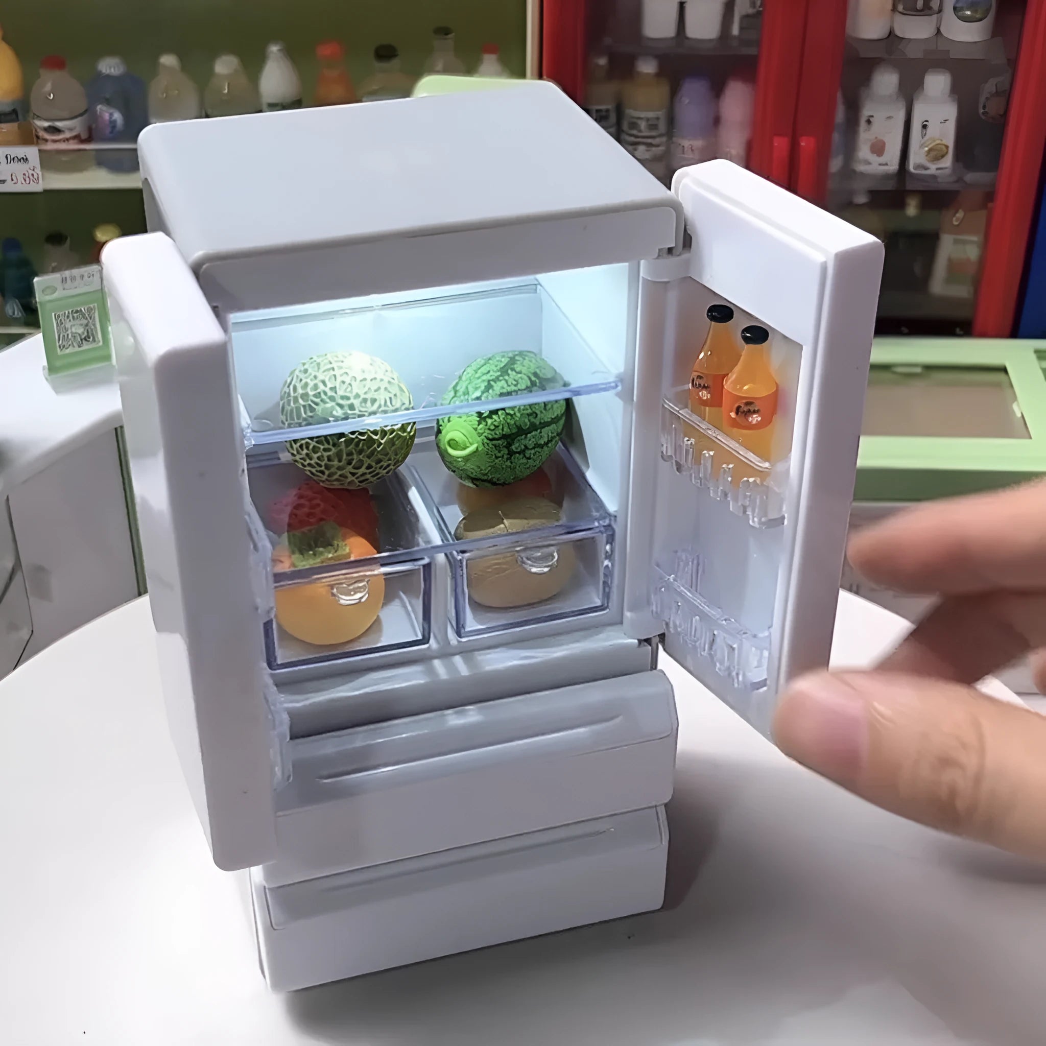 White miniature candy shop plastic model with LED light, 11.4 cm tall.